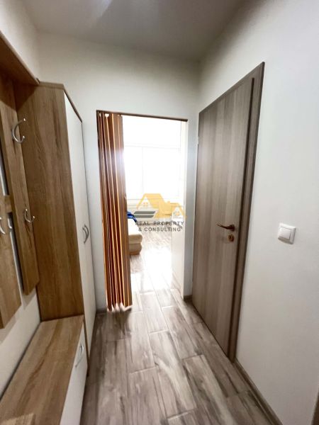 A narrow hallway with a wooden decor floor leads to a bright room in a studio apartment.