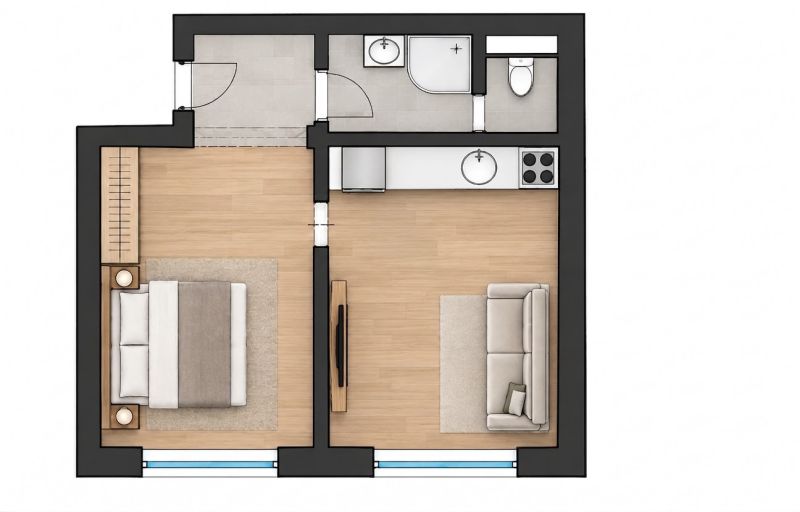 Floor plan of a one-bedroom apartment with a kitchen, living room, bathroom, and wooden decor flooring.