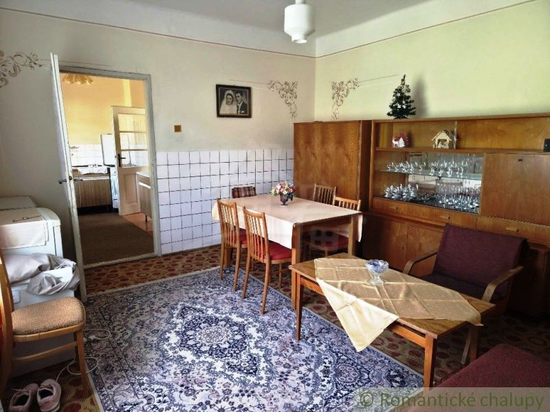 Living room with retro decor, patterned carpet, and wooden furniture in a family house.