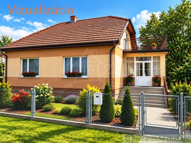 A family house in Sečianky with a garden, a balcony, and floral decorations at the entrance.