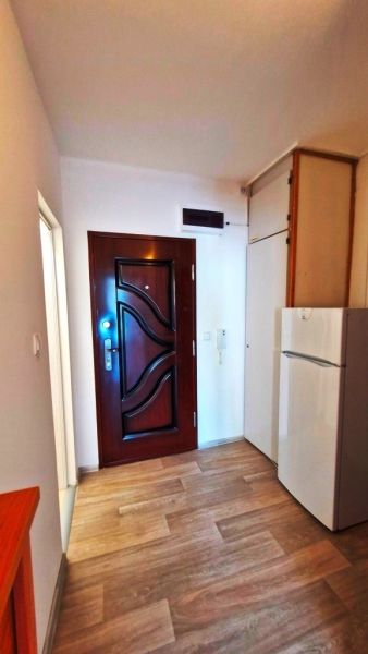 Wooden decor, entrance door, and refrigerator in a studio apartment.