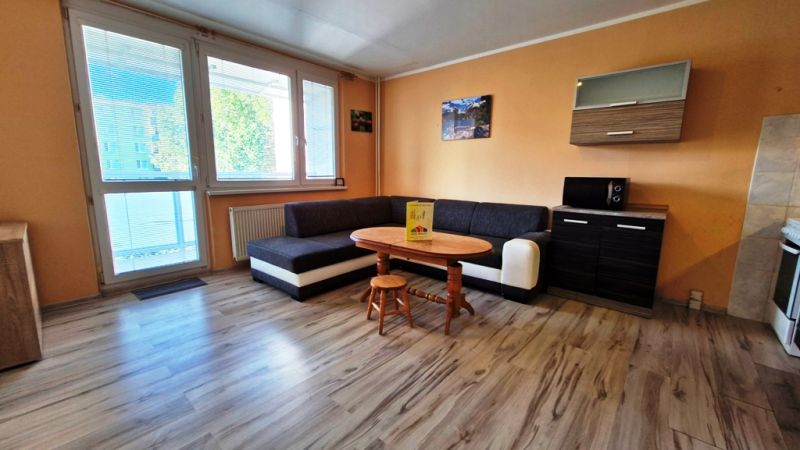 Studio apartment with wood-patterned flooring, a sofa, a table, and a cabinet in a spacious interior.