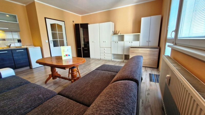Studio apartment with wood-patterned flooring, kitchen, sofa, and white furniture.