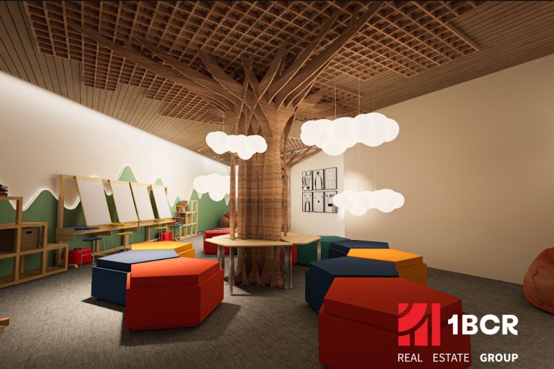 Children's playroom with creative design and hanging lights. Apartment construction.
