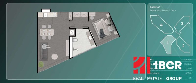 The floor plan of a 2-room apartment shows a kitchen, dining room, and a bedroom with a bathroom.