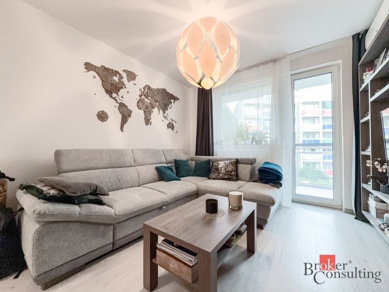 Living room with a gray sofa, map decoration, and wooden decor flooring in a 2-room apartment.