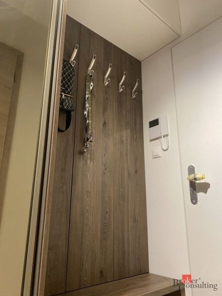 Entrance hall with coat racks and wooden decor flooring in a 2-room apartment.