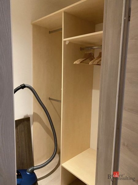 Built-in wardrobe in a 2-room apartment with hangers and a vacuum cleaner.