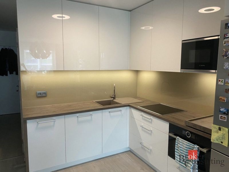 White kitchen with wood decor and built-in appliances in a 2-room apartment.