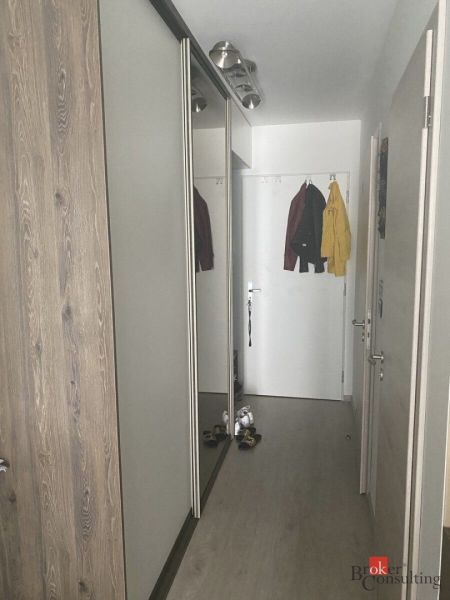 Hallway in a 2-room apartment with a wood-patterned floor and a built-in wardrobe.