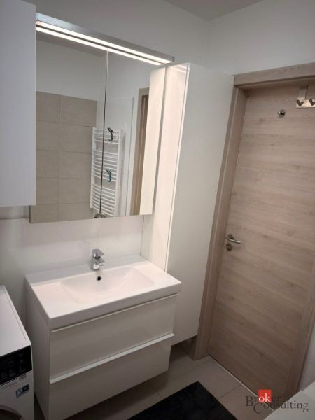 Bathroom with a sink, mirror, and washing machine in a 2-room apartment.