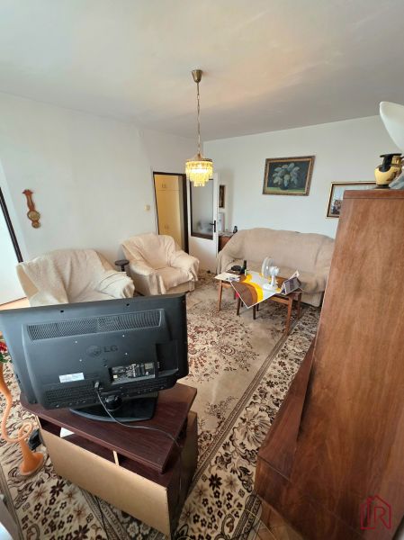 Living room with a TV and sofas in a 2-room apartment with a carpet.