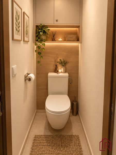 A bathroom in a 2-room apartment with decorative elements and a plant.