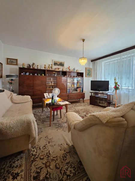 Living room of a 2-room apartment with retro furniture and a floral patterned carpet.