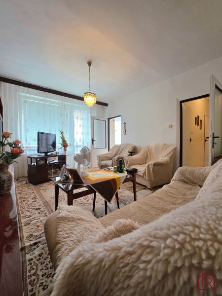 Living room in a two-room apartment with comfortable seating and a wooden decor floor.