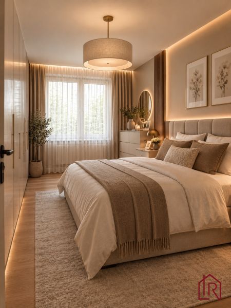 Cozy bedroom in a 2-room apartment with decor in natural tones and a wooden-patterned floor.