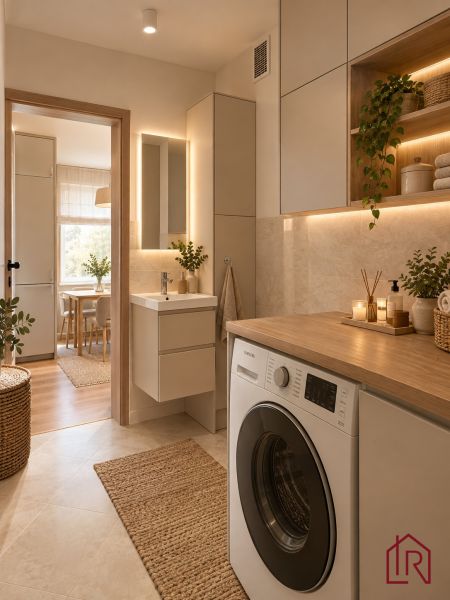 Bathroom in a 2-room apartment with a washing machine, wooden details, and plants for decoration.