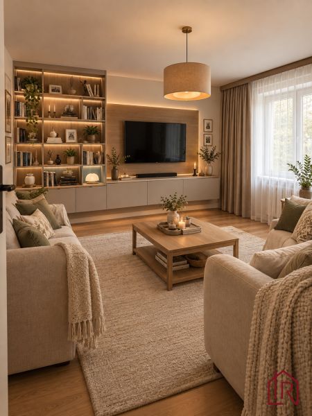 Living room in a two-room apartment with a wood-decor floor and cozy lighting.