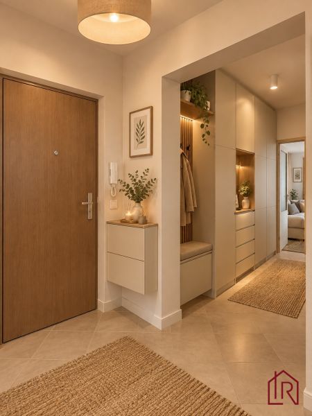 Interior of a 2-room apartment with a wooden decor floor, cozy lighting, and storage spaces.