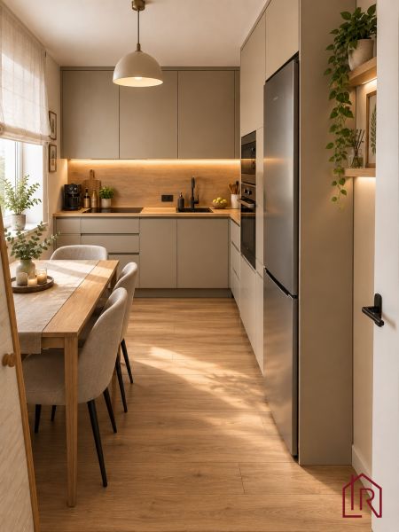 A kitchen in a 2-room apartment with a wooden decor floor and built-in appliances.