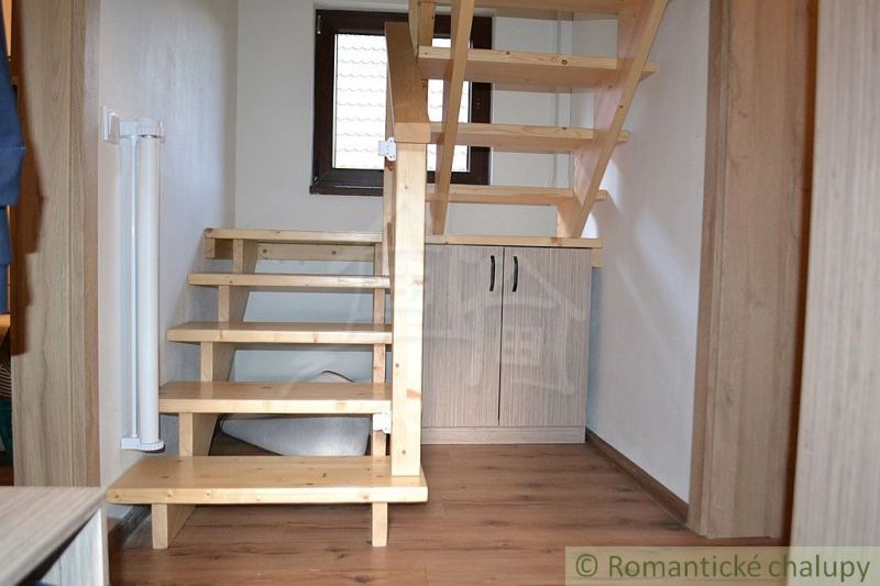 Wooden stairs in a cabin with a wood-patterned floor and a closet underneath them.