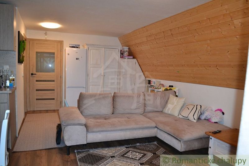 Bright living room with a couch, wooden decor, and a carpet in the cottage.