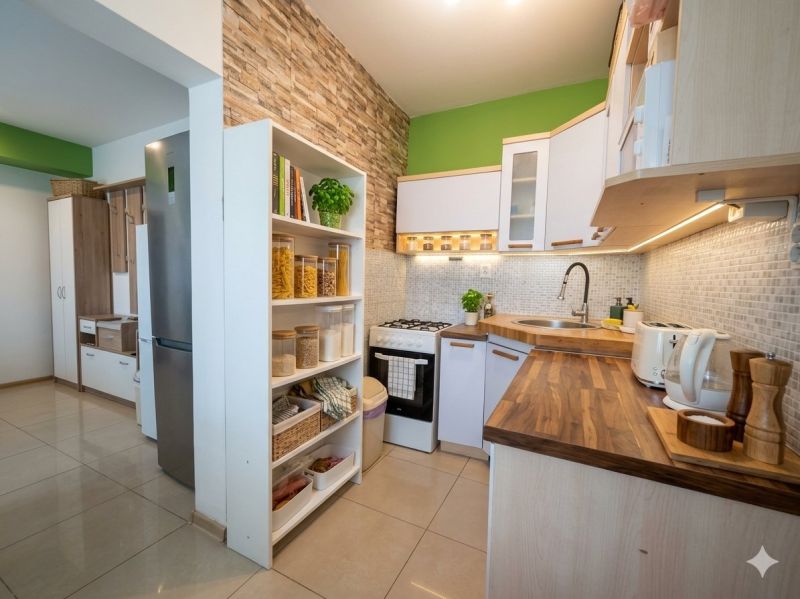 A kitchen in a 2-room apartment with a wooden decor floor and an open shelving cabinet.