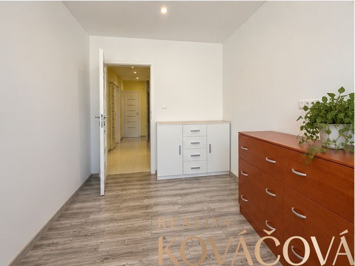 Interior of a 4-room apartment with wood-patterned flooring and storage furniture.