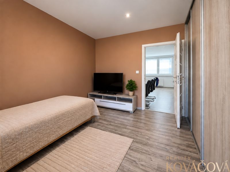Bedroom in a 4-room apartment with wood-patterned flooring and a television.