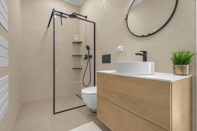 A bathroom in a family house with a shower, a sink, a mirror, and wooden decor.
