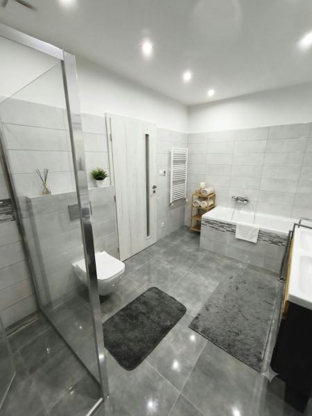 A bathroom in a family house with a bathtub, a shower corner, and tiles in a gray design.