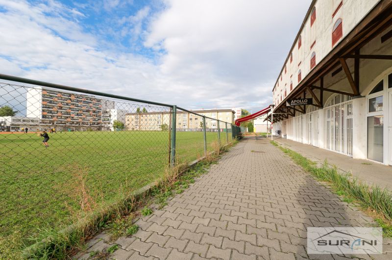 Exterior on Korytnická in Bratislava - Podunajské Biskupice, Commercial spaces with lawn and sidewalk.