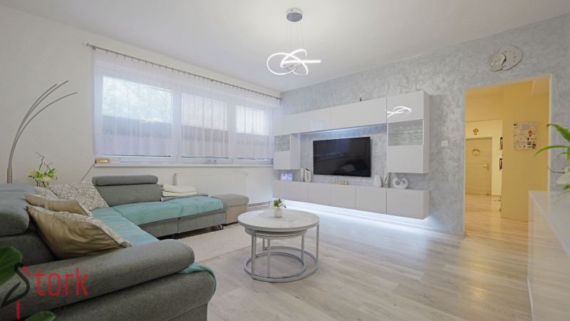 Living room in a 4-room apartment with a wooden decor floor and a comfortable sofa.
