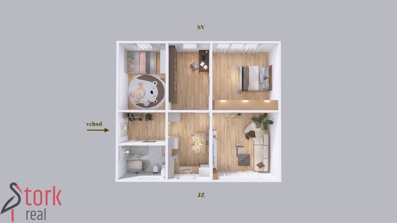 Floor plan of a 4-room apartment with wooden decor flooring and a children's room.