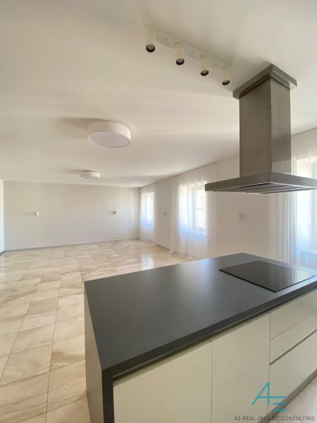 A kitchen with a cooktop and a spacious room, 3-room apartment, floor with wood decor.