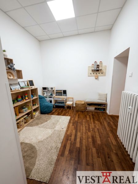 Offices with wood-patterned flooring and a children's corner full of toys.