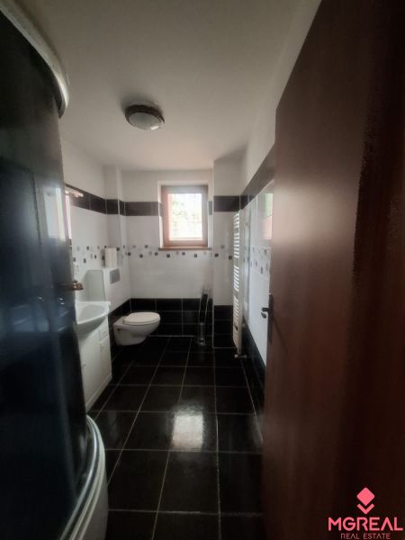 A bathroom with black tiles, a shower enclosure, and a toilet in a family house.