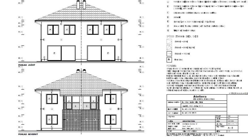 Architectural plan of a two-story house with detailed views and technical specifications.