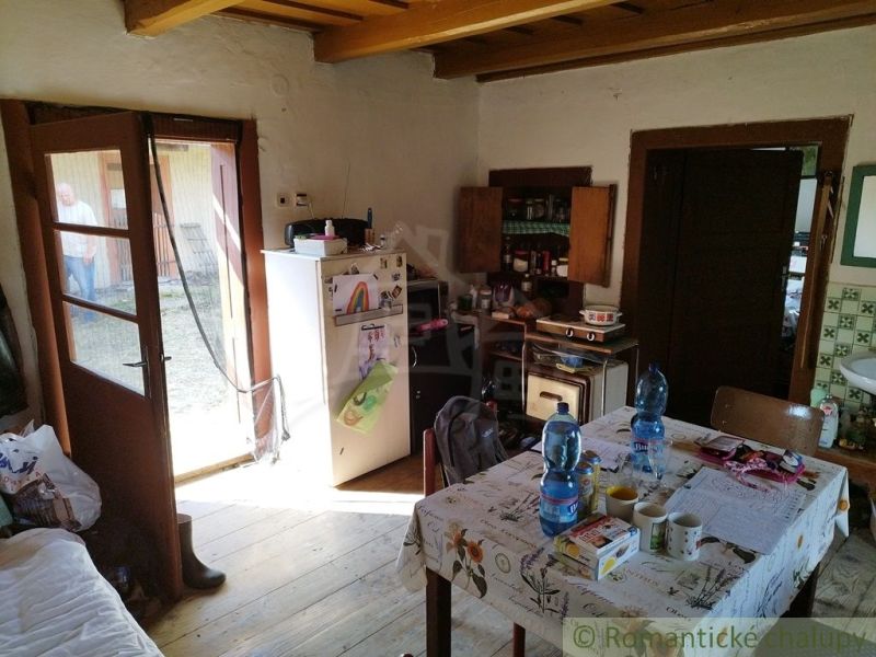 Interior of a cabin with a kitchenette, table, and wooden decor flooring.