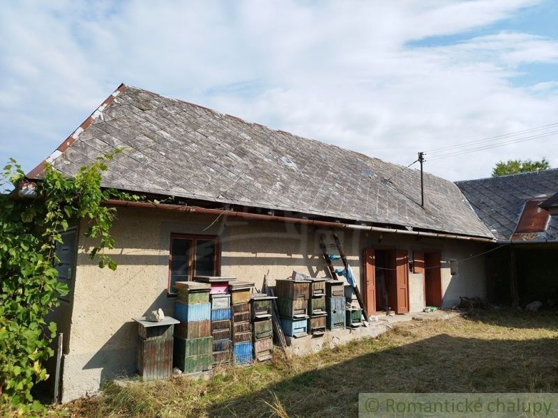 A simple cottage in Hrušov with beehives, vineyards, and an older roof.