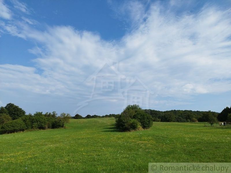 Green meadows and forests around Hrušov under the blue sky.