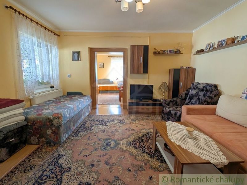 Living room in a family house with a carpet, sofa, and armchair.