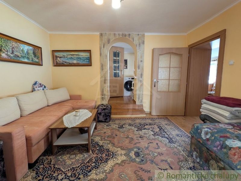 Living room in a family house with a carpet, sofa, and paintings on the wall.