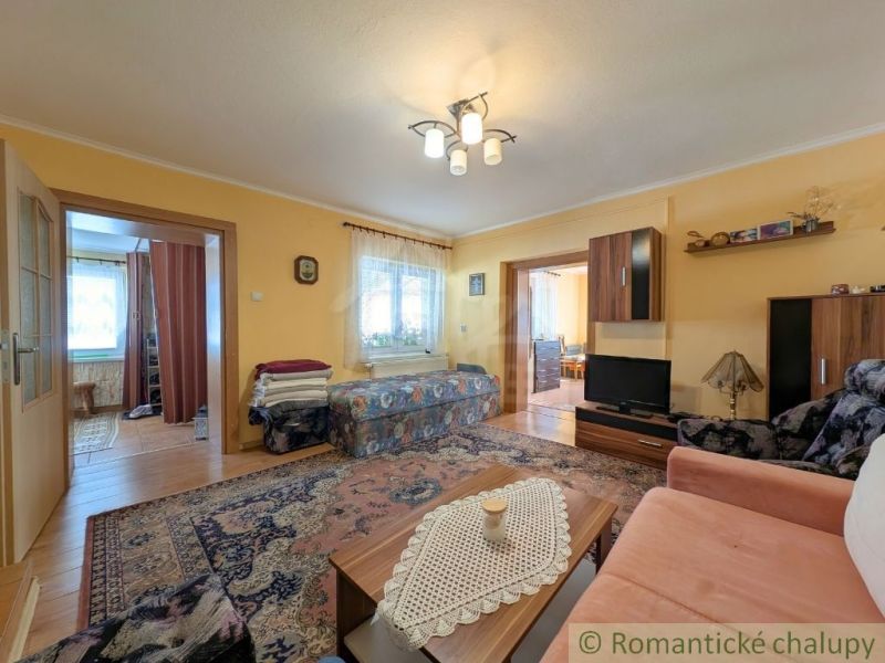 Living room in a family house with a carpet, sofa, and wooden decor furniture.