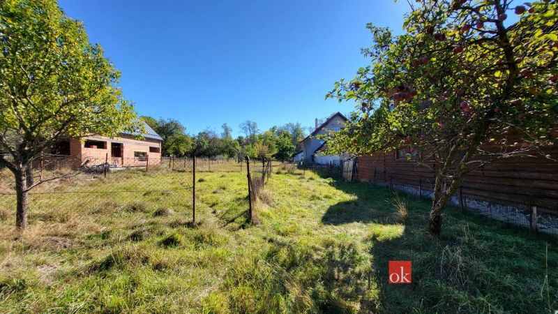 A garden with fruit trees near a family house in Žiar, surrounded by a fence.