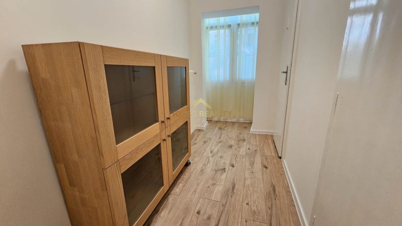 A narrow hallway with a display case, a wooden-patterned floor, and a large window in a two-room apartment.