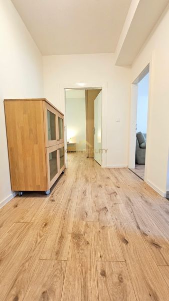 A hallway with a wooden decor floor in a 2-room apartment, complemented by a display cabinet.