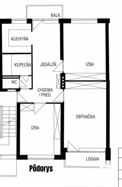 Floor plan of a 3-room apartment with a balcony and a loggia, includes a kitchen, bathroom, and toilet.
