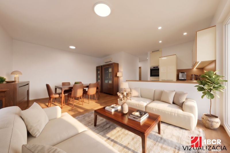 Living room in a 3-room apartment with cream sofas and wood-patterned flooring.