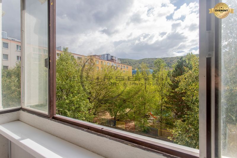 Windows of a 3-room apartment with a view of trees and apartment buildings in Bratislava - Devínska Nová Ves on Eisnerova.